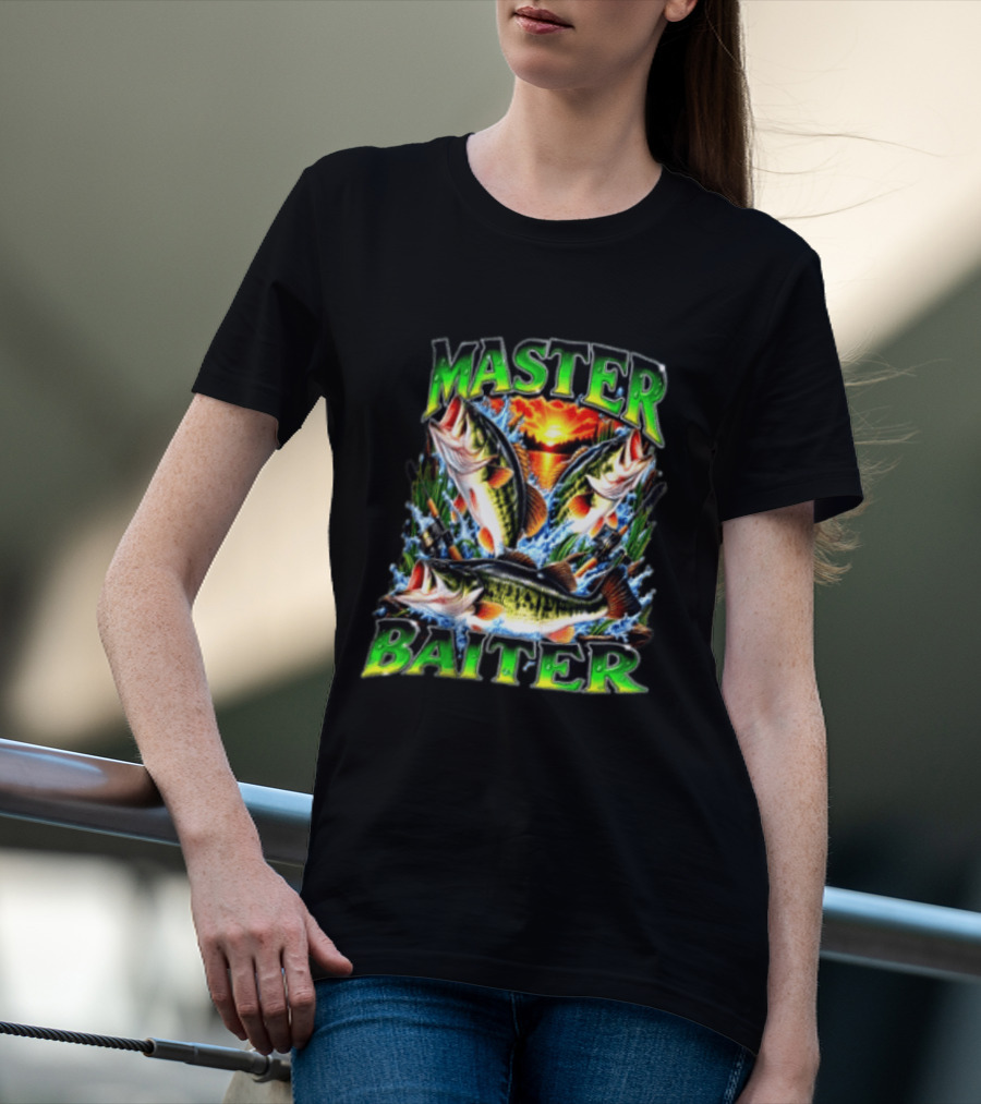 Master Baiter Fishing Large Mouth Bass Sunset Scene T-Shirt