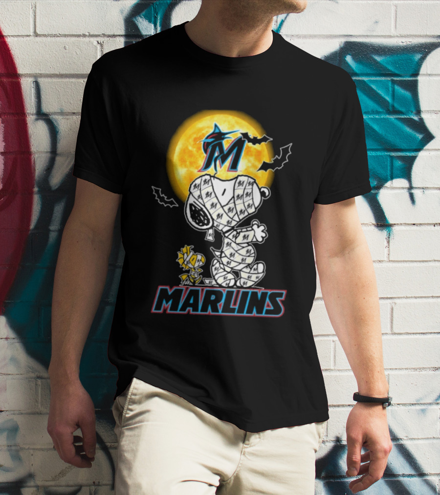 Miami Marlins Snoopy Woodstock Mummy Halloween Moon T-Shirt