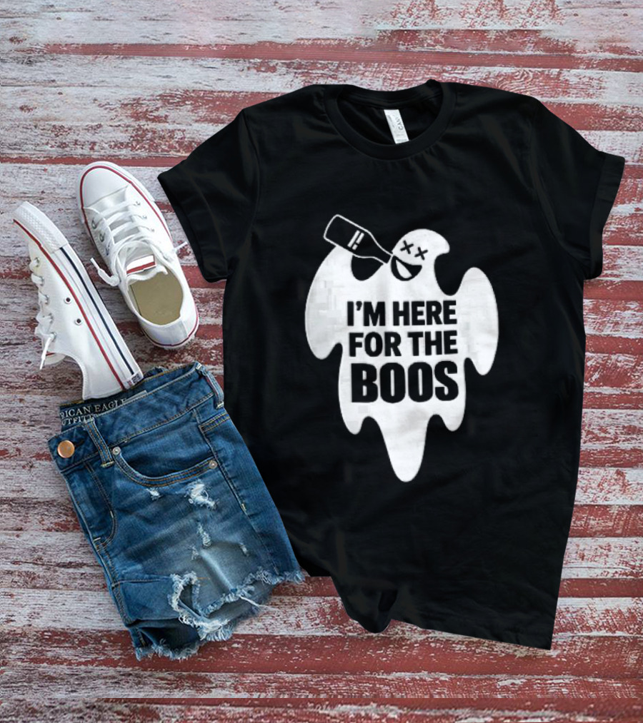 I'm Here For The Boos Cartoon Ghost Drinking Alcohol Bottle T-Shirt