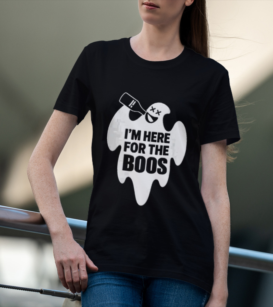 I'm Here For The Boos Cartoon Ghost Drinking Alcohol Bottle T-Shirt