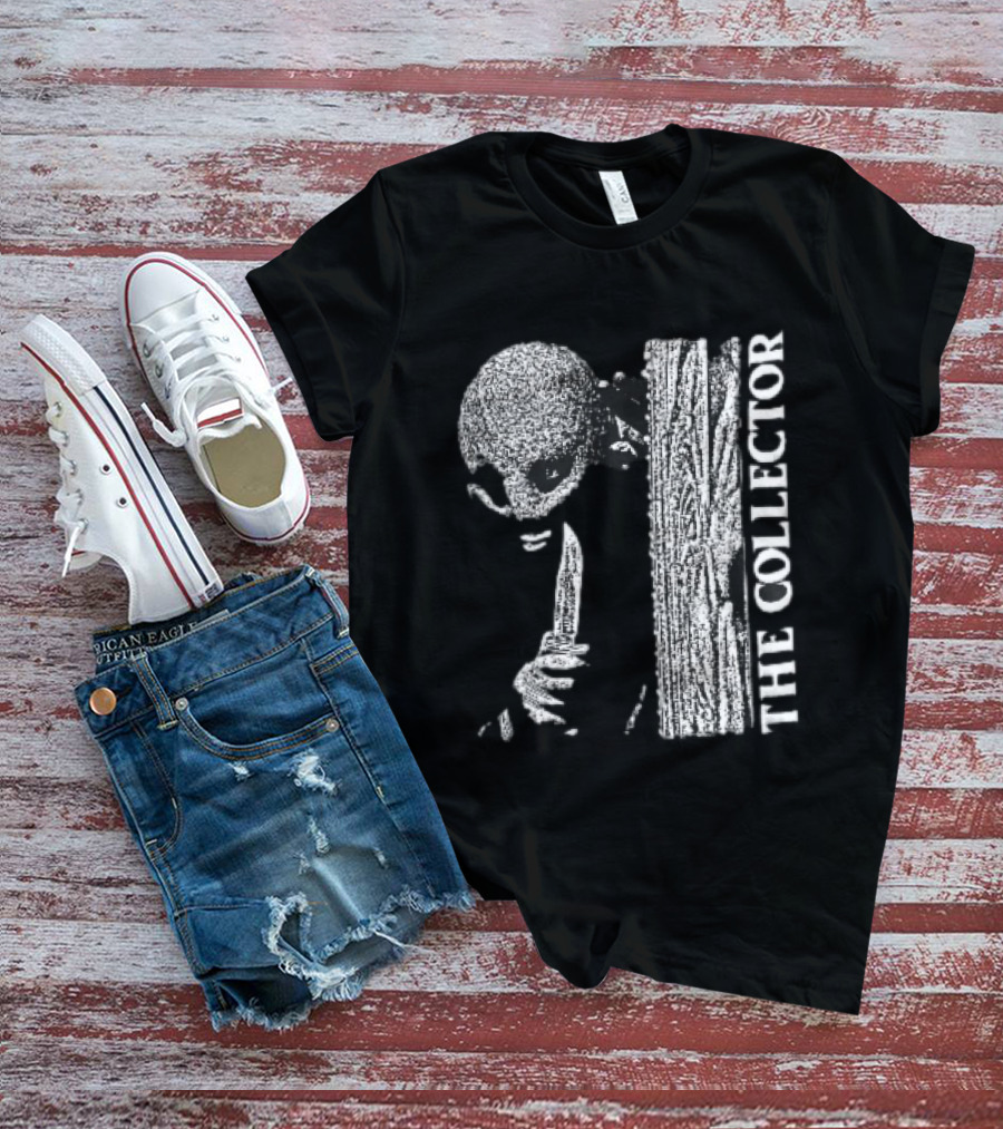 The Collector Masked Figure Knife Wooden Door Peeking Halftone T-Shirt