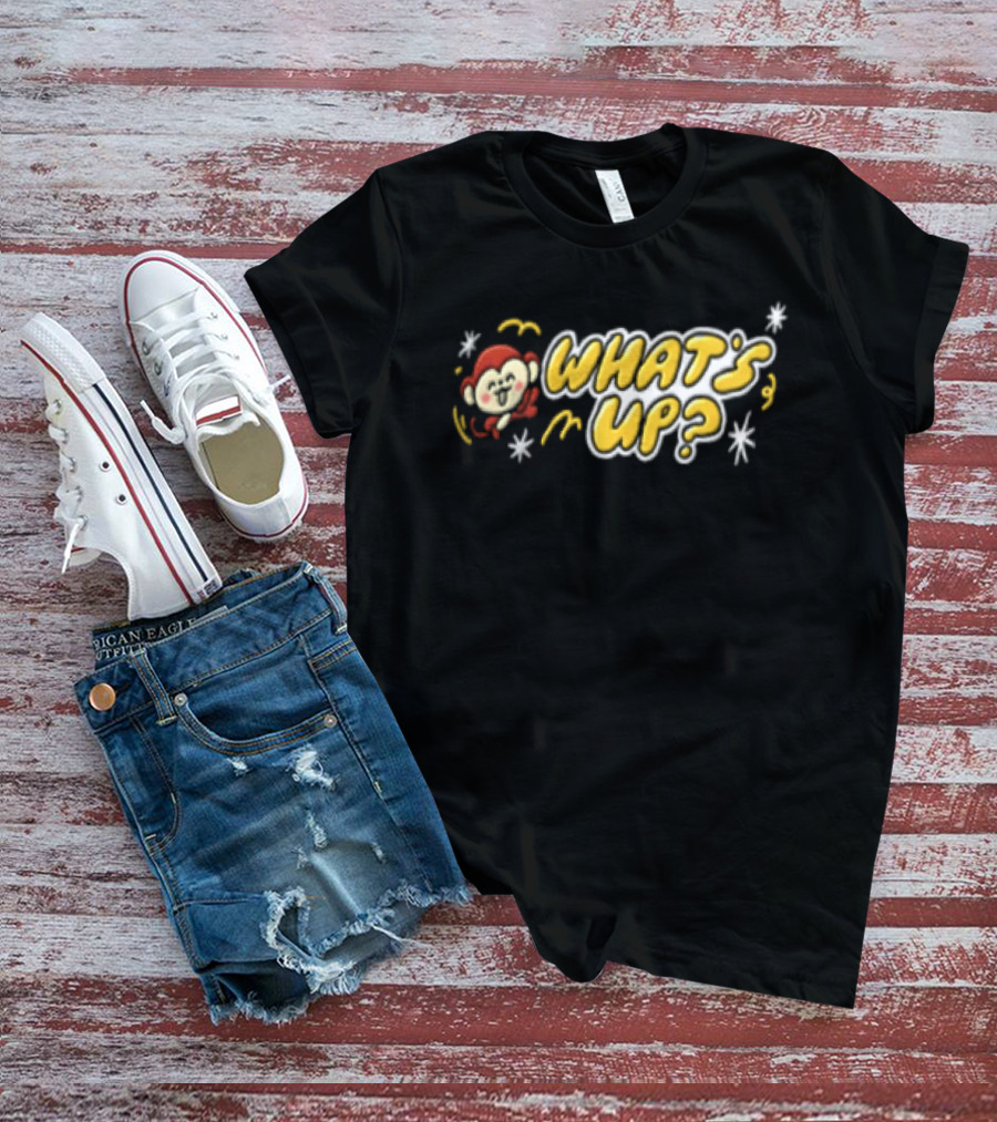What's Up Cartoon Monkey Waving White Sparkles Squiggles T-Shirt