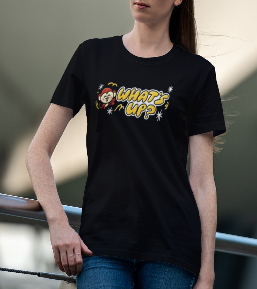 What's Up Cartoon Monkey Waving White Sparkles Squiggles T-Shirt