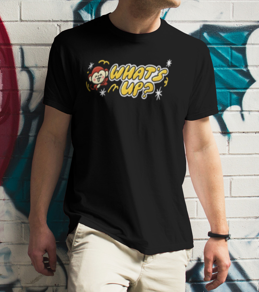 What's Up Cartoon Monkey Waving White Sparkles Squiggles T-Shirt