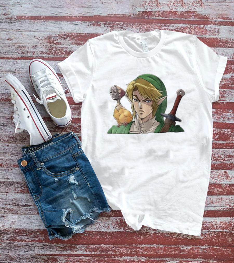 Anime Blonde Elf Knight In Green Tunic With Sword And Strange Bird Companion T-Shirt