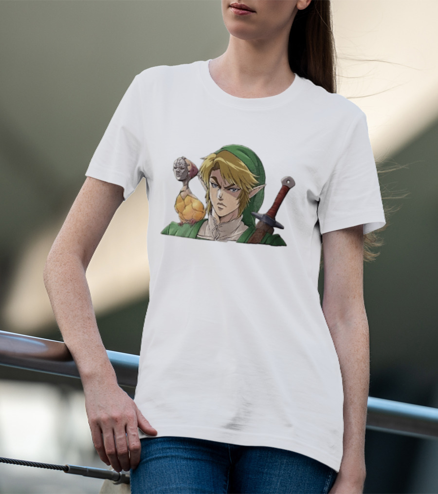 Anime Blonde Elf Knight In Green Tunic With Sword And Strange Bird Companion T-Shirt