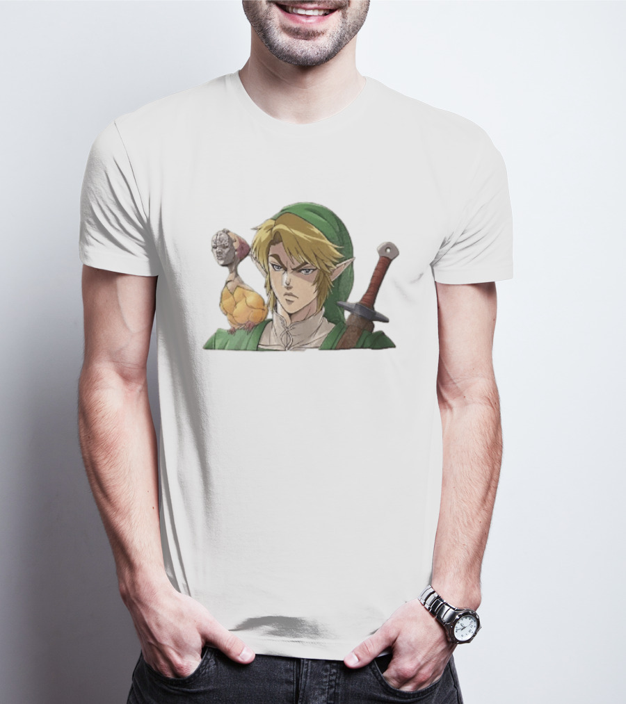 Anime Blonde Elf Knight In Green Tunic With Sword And Strange Bird Companion T-Shirt