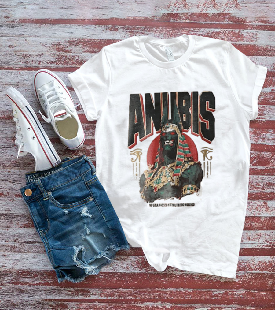 Anubis Jackal Headed Egyptian God Distressed No Soul Passes Without Being Weighed Sun T-Shirt