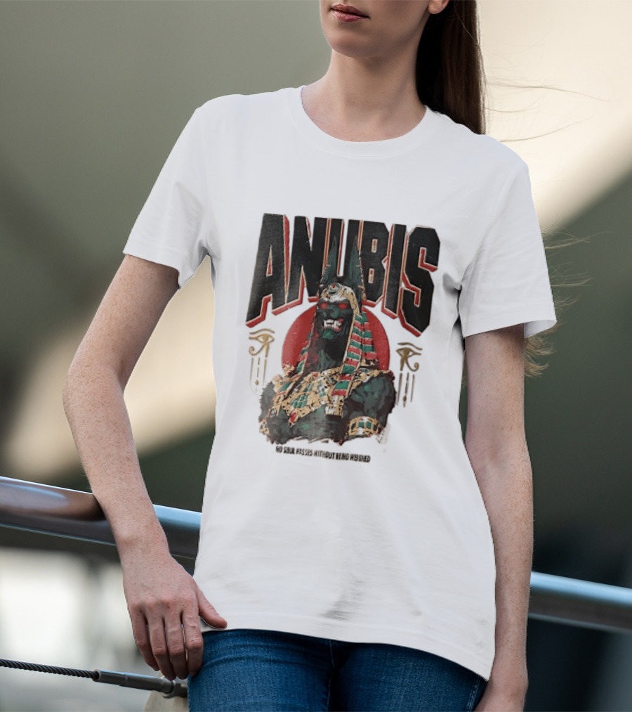 Anubis Jackal Headed Egyptian God Distressed No Soul Passes Without Being Weighed Sun T-Shirt