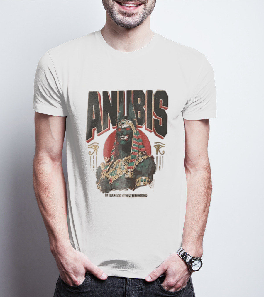 Anubis Jackal Headed Egyptian God Distressed No Soul Passes Without Being Weighed Sun T-Shirt