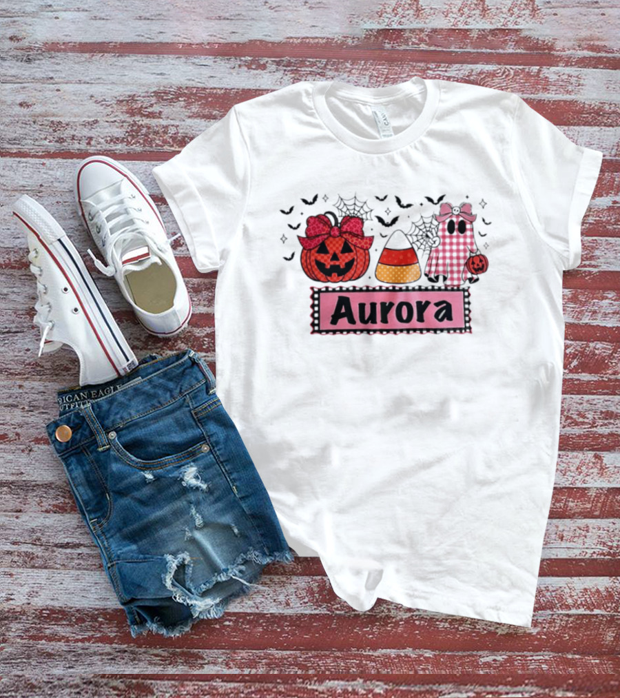 Aurora Halloween Pumpkin Ghost Candy Corn And Spiderwebs T-Shirt
