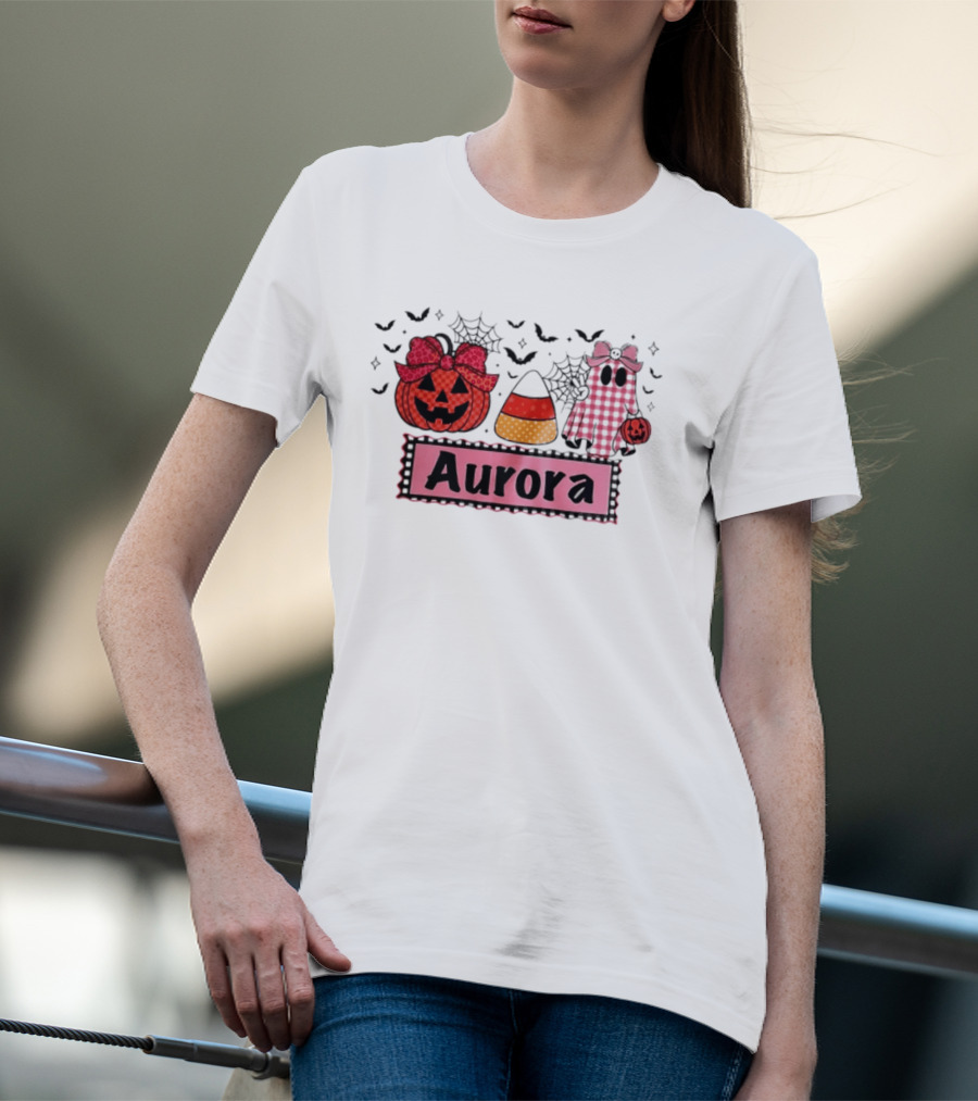 Aurora Halloween Pumpkin Ghost Candy Corn And Spiderwebs T-Shirt