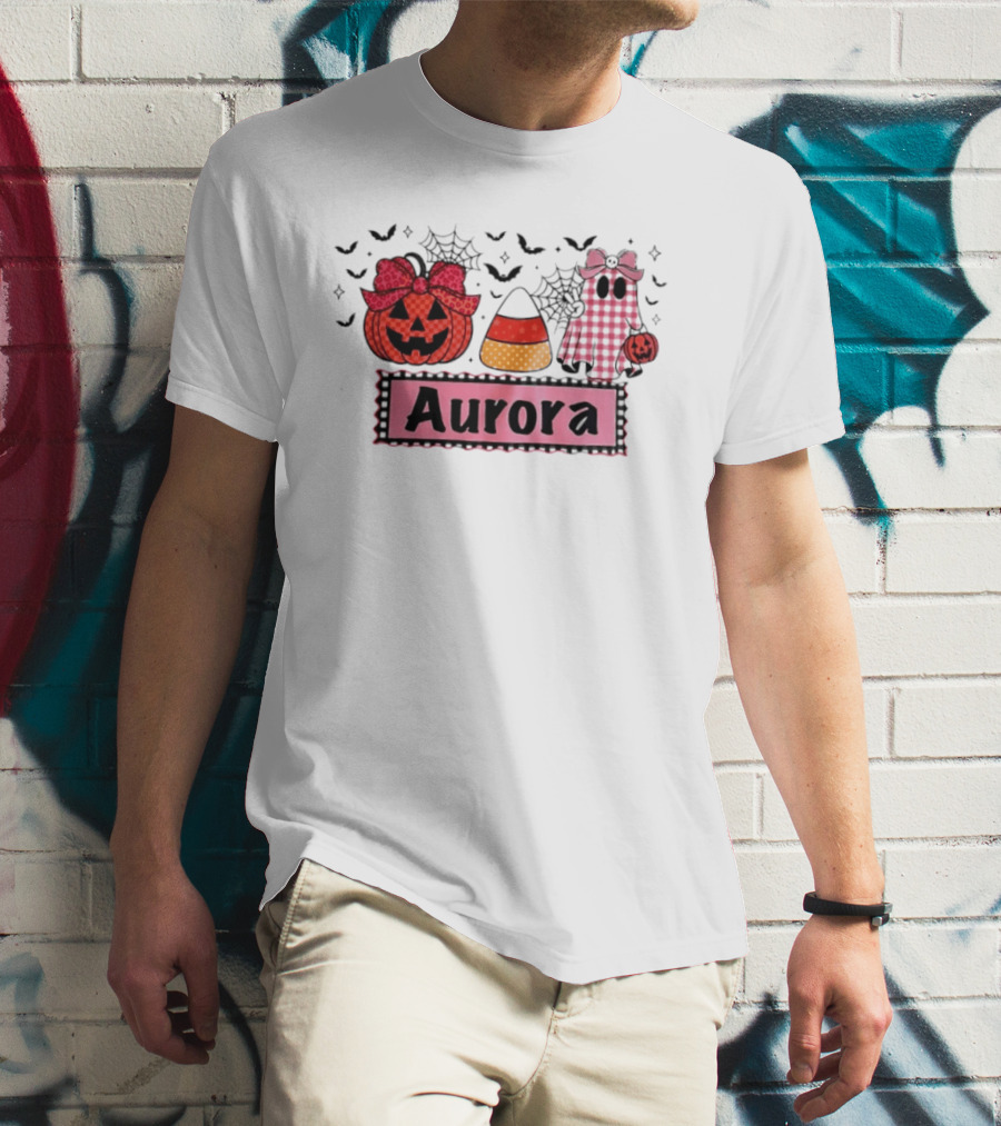 Aurora Halloween Pumpkin Ghost Candy Corn And Spiderwebs T-Shirt