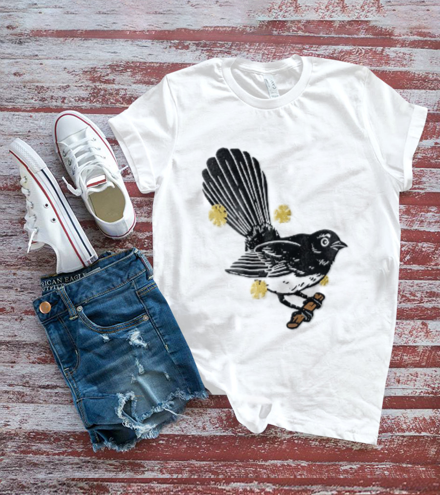 Black White Linocut Fantail Bird Branch Yellow Flowers T-Shirt