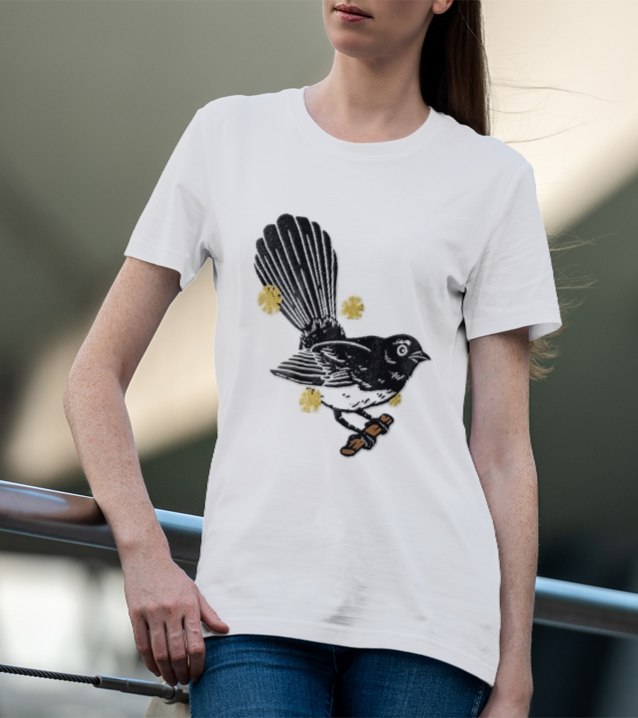 Black White Linocut Fantail Bird Branch Yellow Flowers T-Shirt