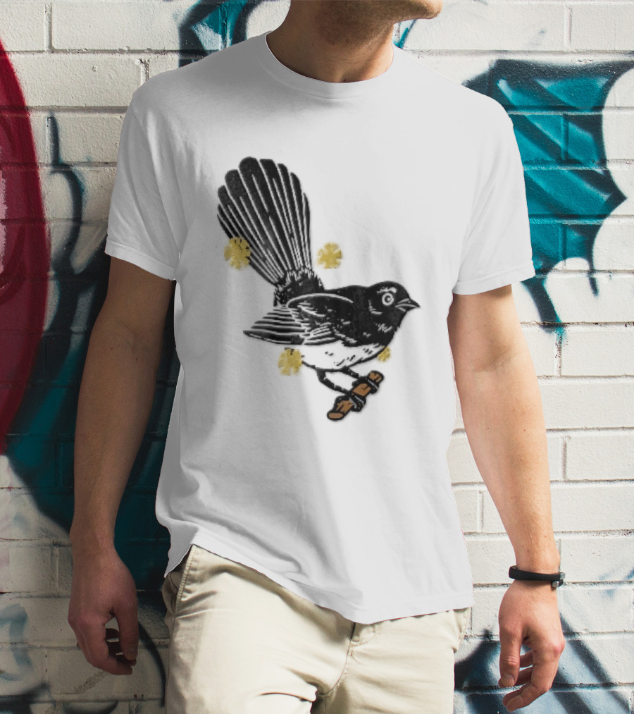 Black White Linocut Fantail Bird Branch Yellow Flowers T-Shirt