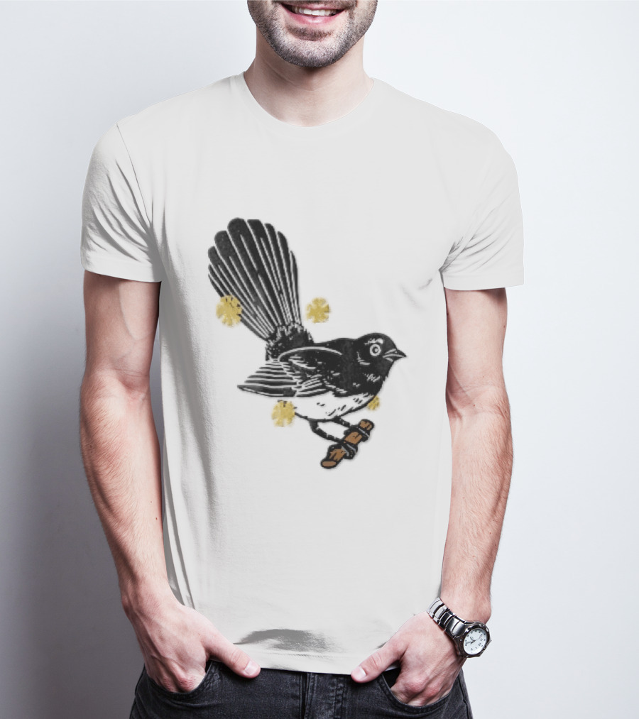 Black White Linocut Fantail Bird Branch Yellow Flowers T-Shirt