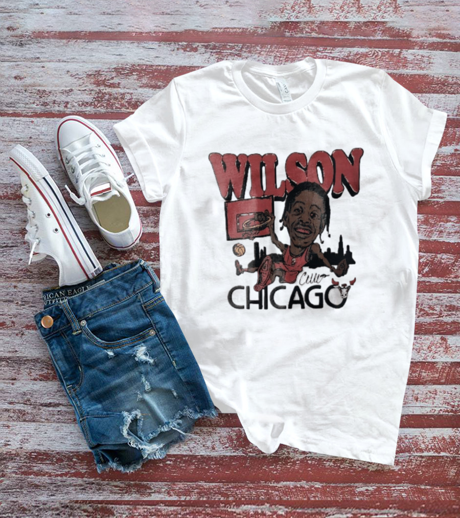 Chicago Bulls Wilson Cartoon Caricature Dunking City Skyline T-Shirt