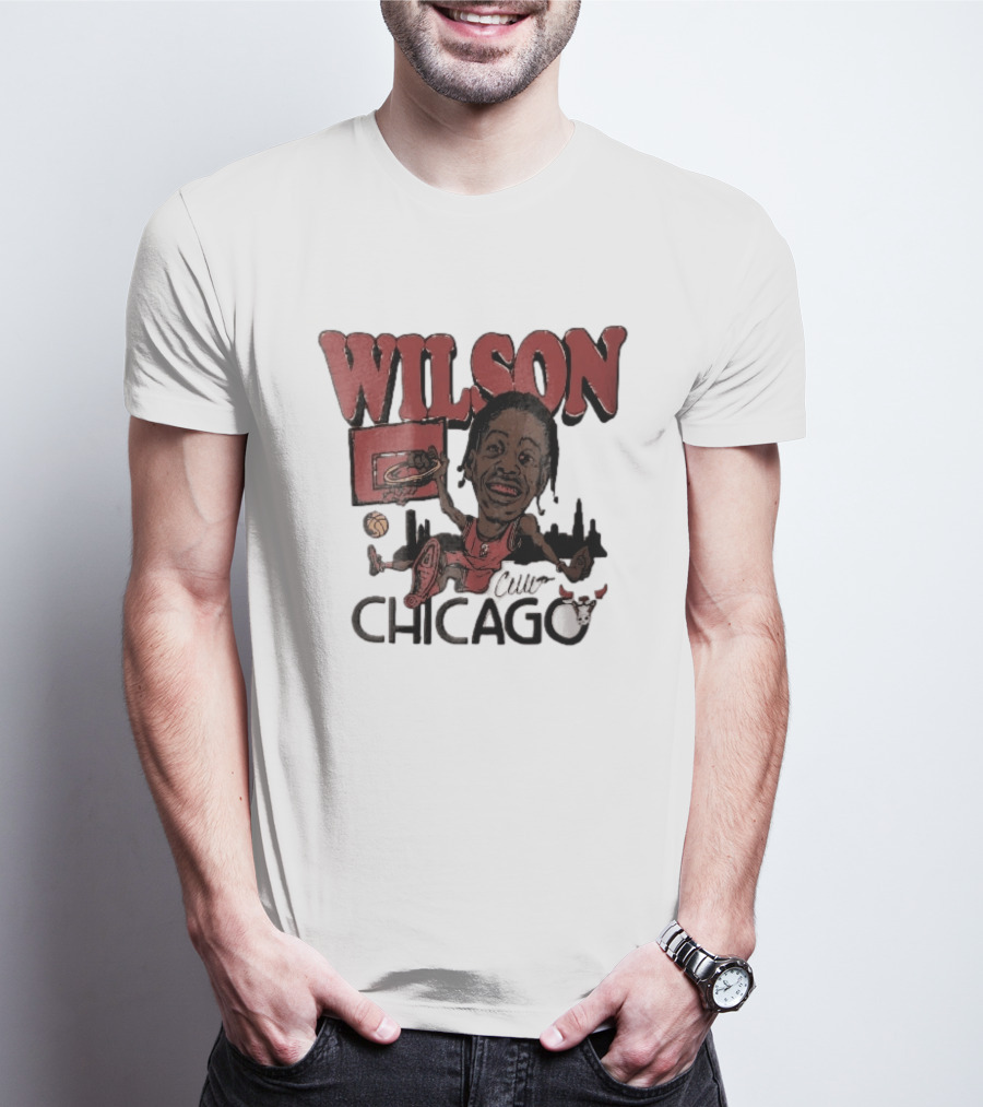 Chicago Bulls Wilson Cartoon Caricature Dunking City Skyline T-Shirt