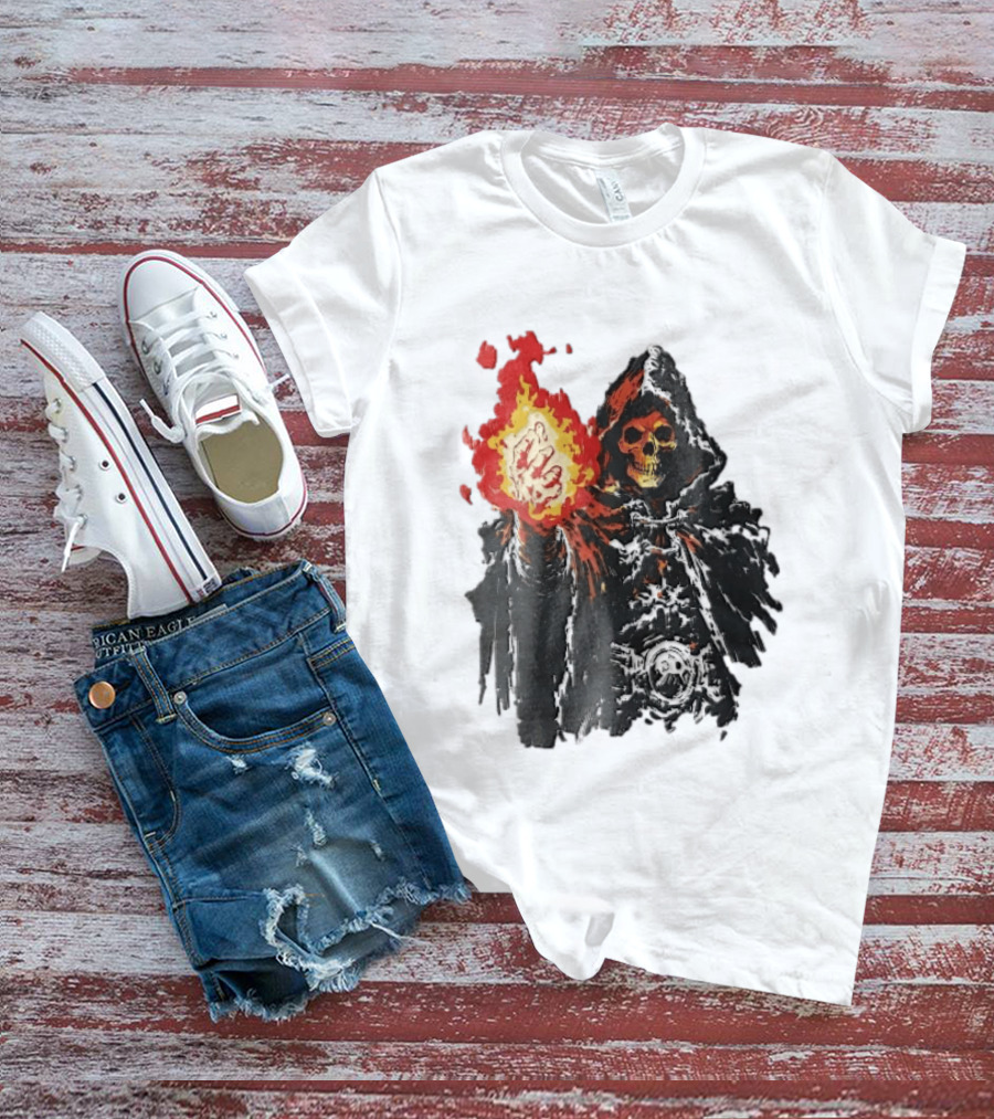 Hooded Skeleton Sorcerer With Glowing Red Fireball T-Shirt