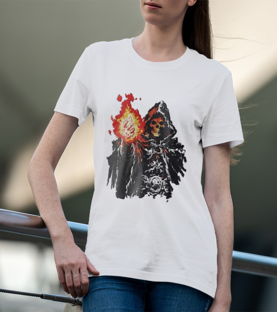 Hooded Skeleton Sorcerer With Glowing Red Fireball T-Shirt
