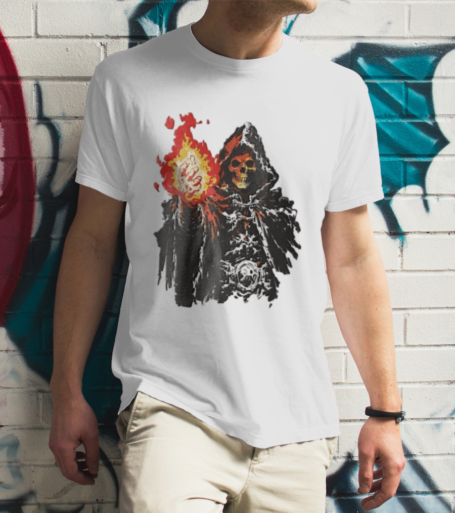 Hooded Skeleton Sorcerer With Glowing Red Fireball T-Shirt