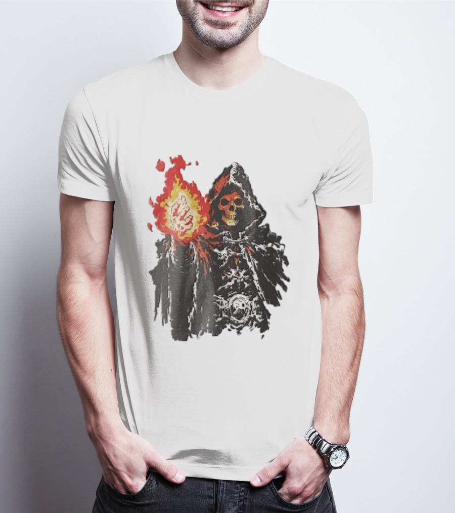 Hooded Skeleton Sorcerer With Glowing Red Fireball T-Shirt