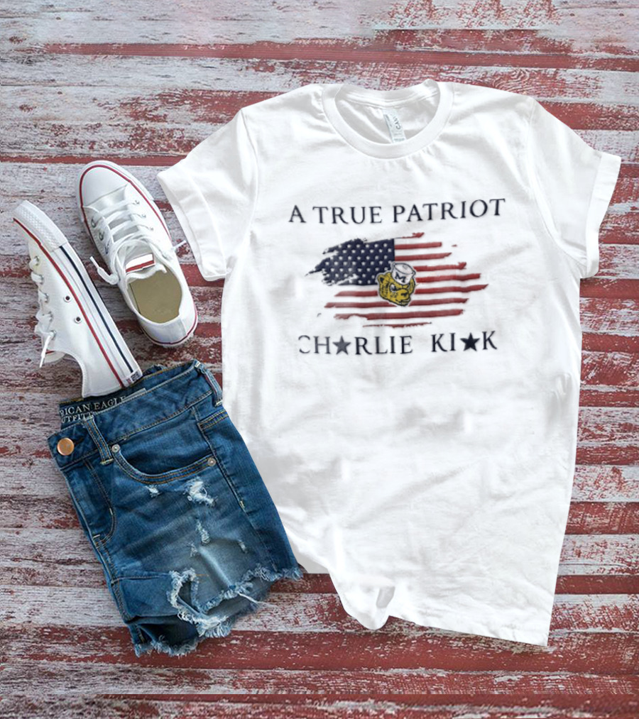 A True Patriot Charlie Kirk Distressed US Flag Wolverine Head T-Shirt