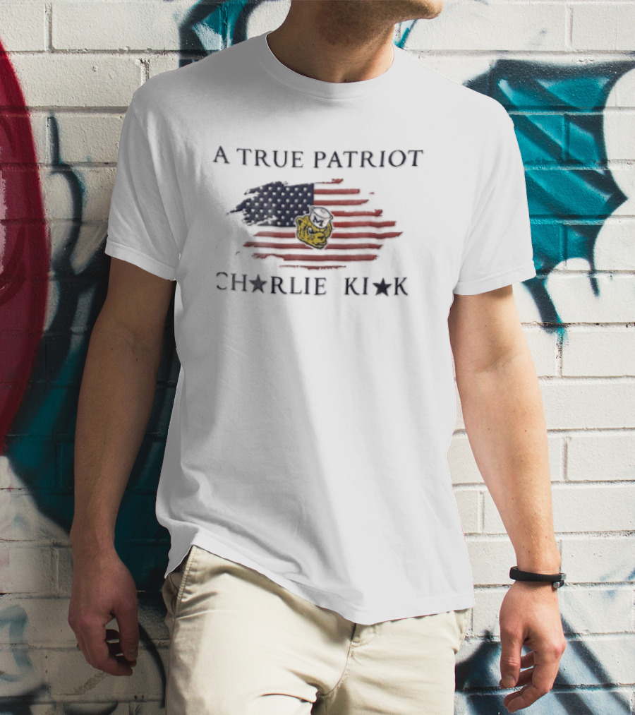 A True Patriot Charlie Kirk Distressed US Flag Wolverine Head T-Shirt