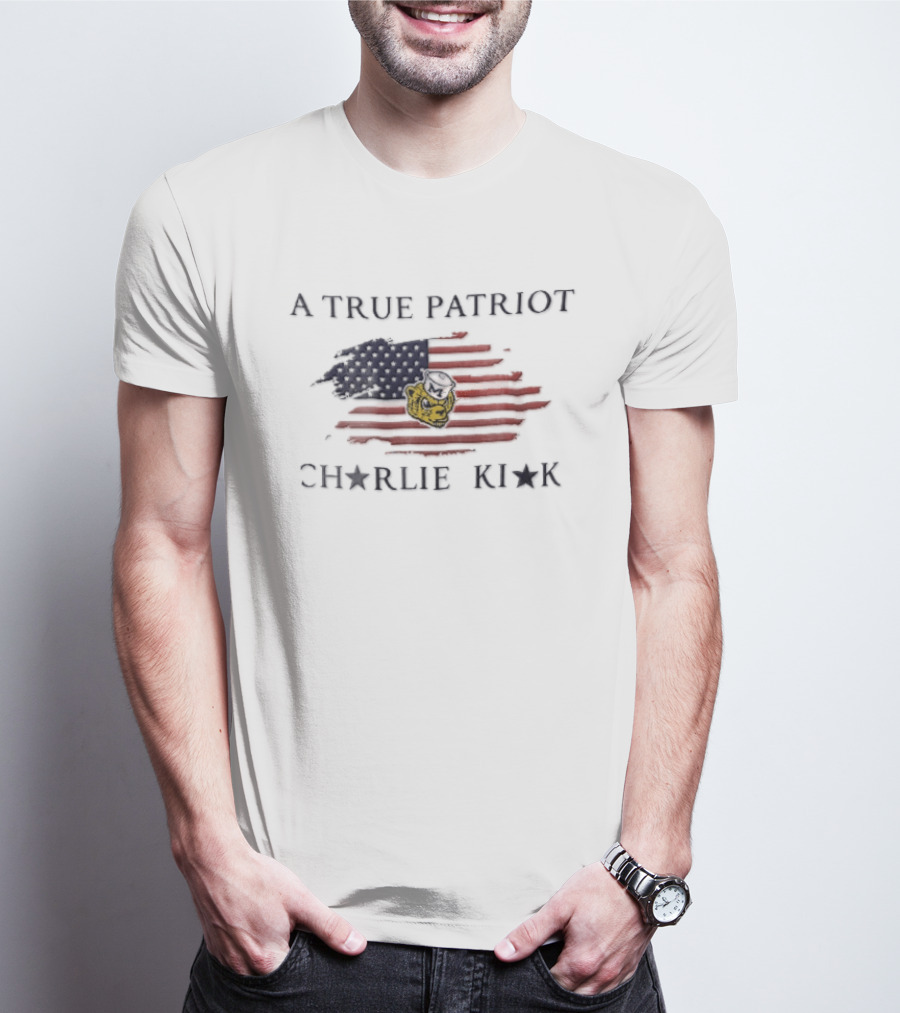 A True Patriot Charlie Kirk Distressed US Flag Wolverine Head T-Shirt