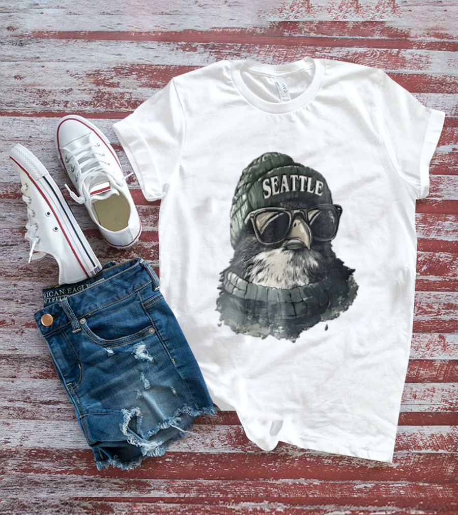 Seattle Beanie Hawk Cartoon With Sunglasses And Scarf T-Shirt