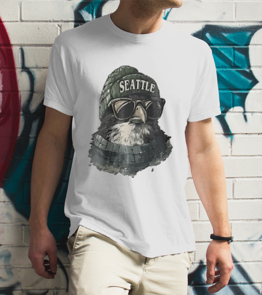 Seattle Beanie Hawk Cartoon With Sunglasses And Scarf T-Shirt