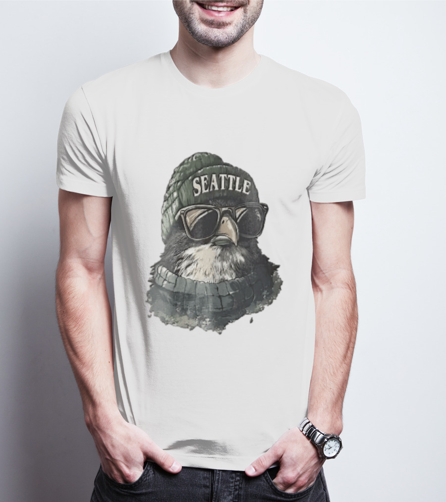 Seattle Beanie Hawk Cartoon With Sunglasses And Scarf T-Shirt