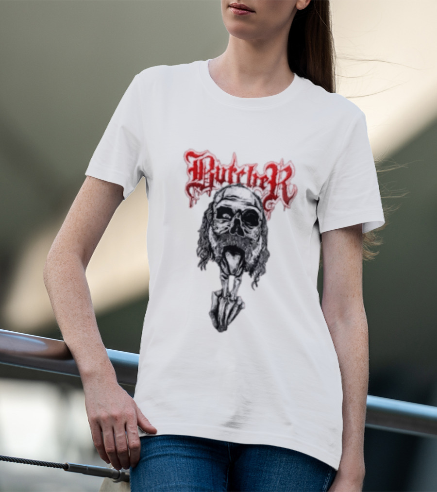 Butcher Skull With Gothic Red Text And Grim T-Shirt