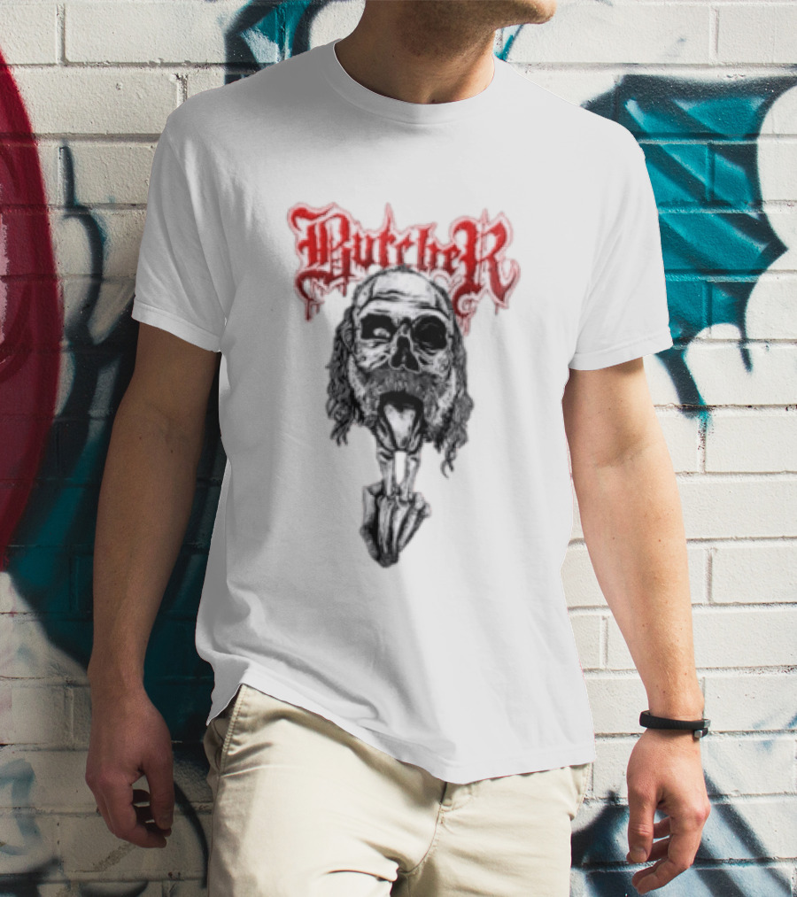 Butcher Skull With Gothic Red Text And Grim T-Shirt