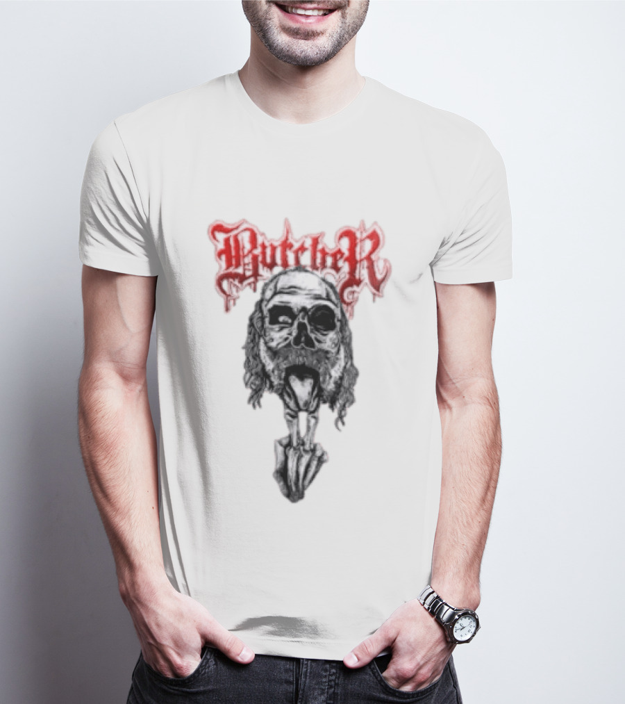 Butcher Skull With Gothic Red Text And Grim T-Shirt