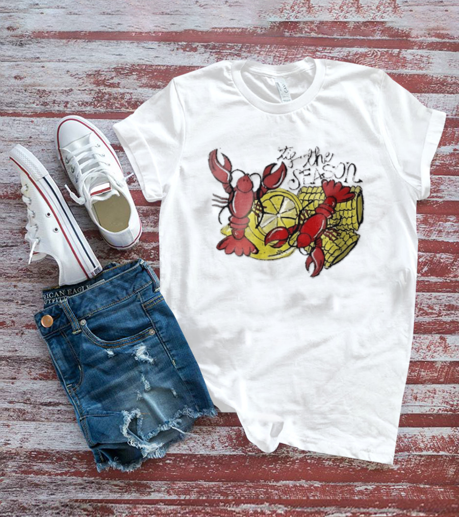 Tis The Season Distressed Cartoon Crawfish Lemon Corn Cob Fun T-Shirt