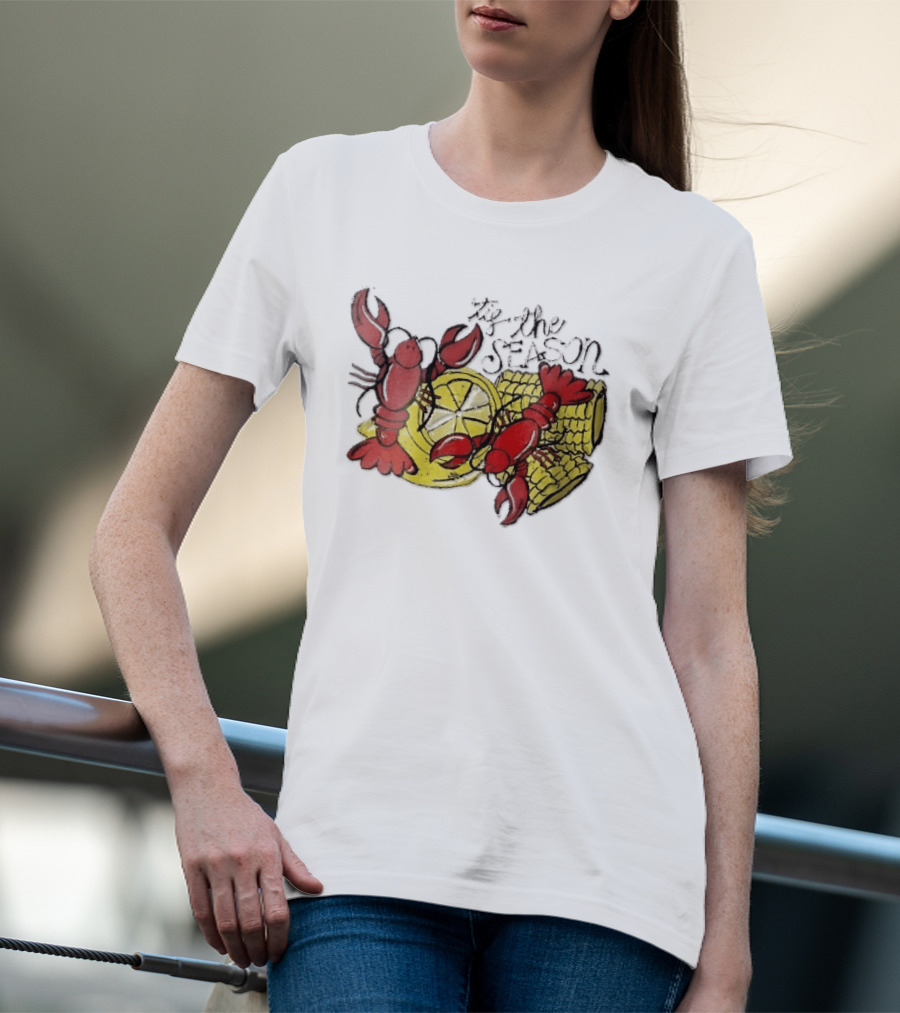 Tis The Season Distressed Cartoon Crawfish Lemon Corn Cob Fun T-Shirt