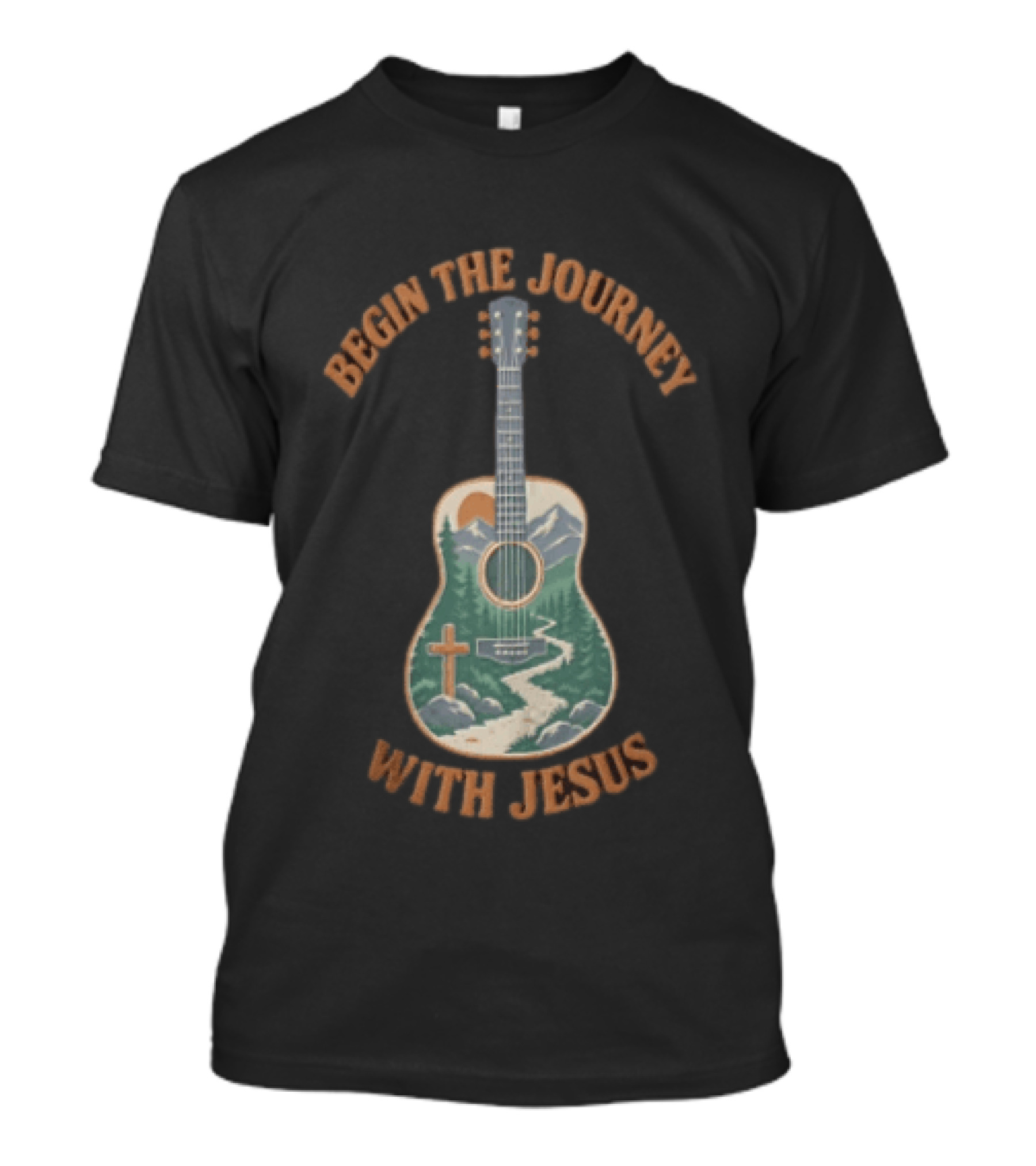 Begin The Journey With Jesus Guitar Mountain Path And Cross T-Shirt