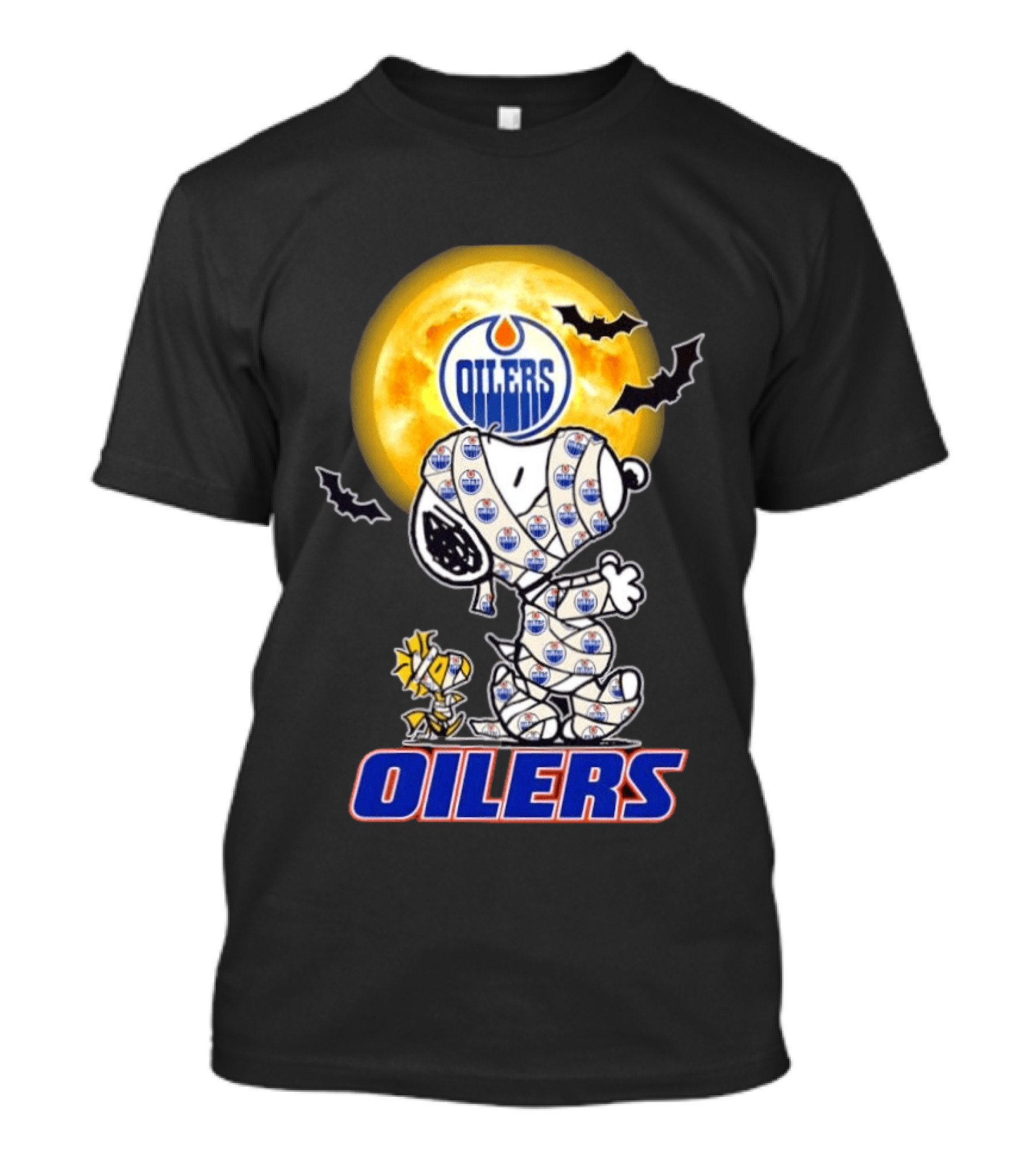 Edmonton Oilers Snoopy Woodstock Halloween Mummy Moon Bats T-Shirt