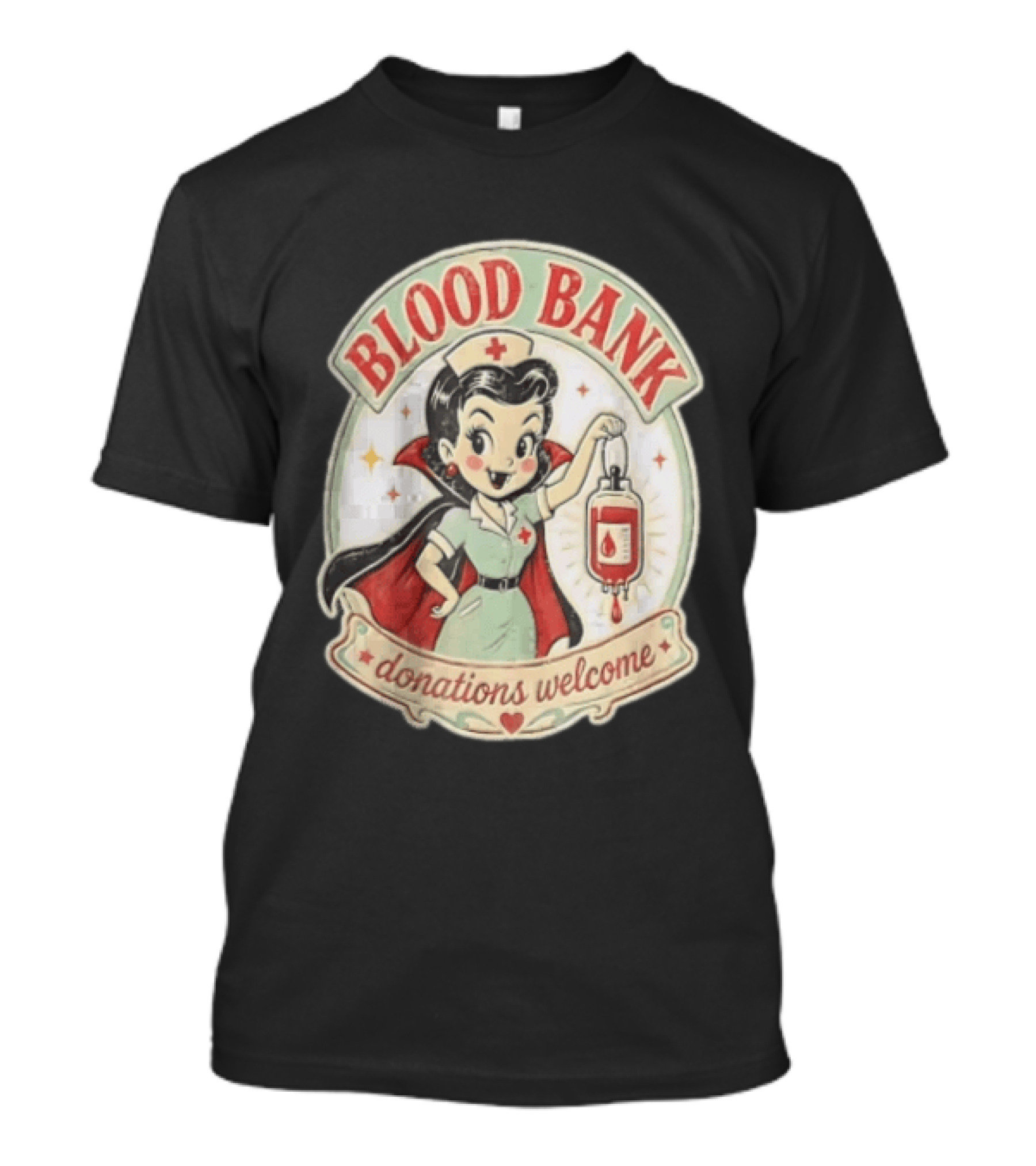 Blood Bank Donations Welcome Vampire Nurse Retro Cartoon T-Shirt