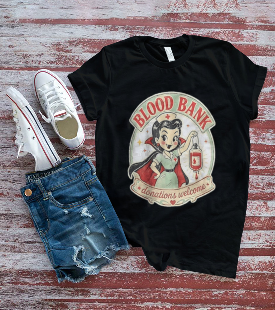 Blood Bank Donations Welcome Vampire Nurse Retro Cartoon T-Shirt