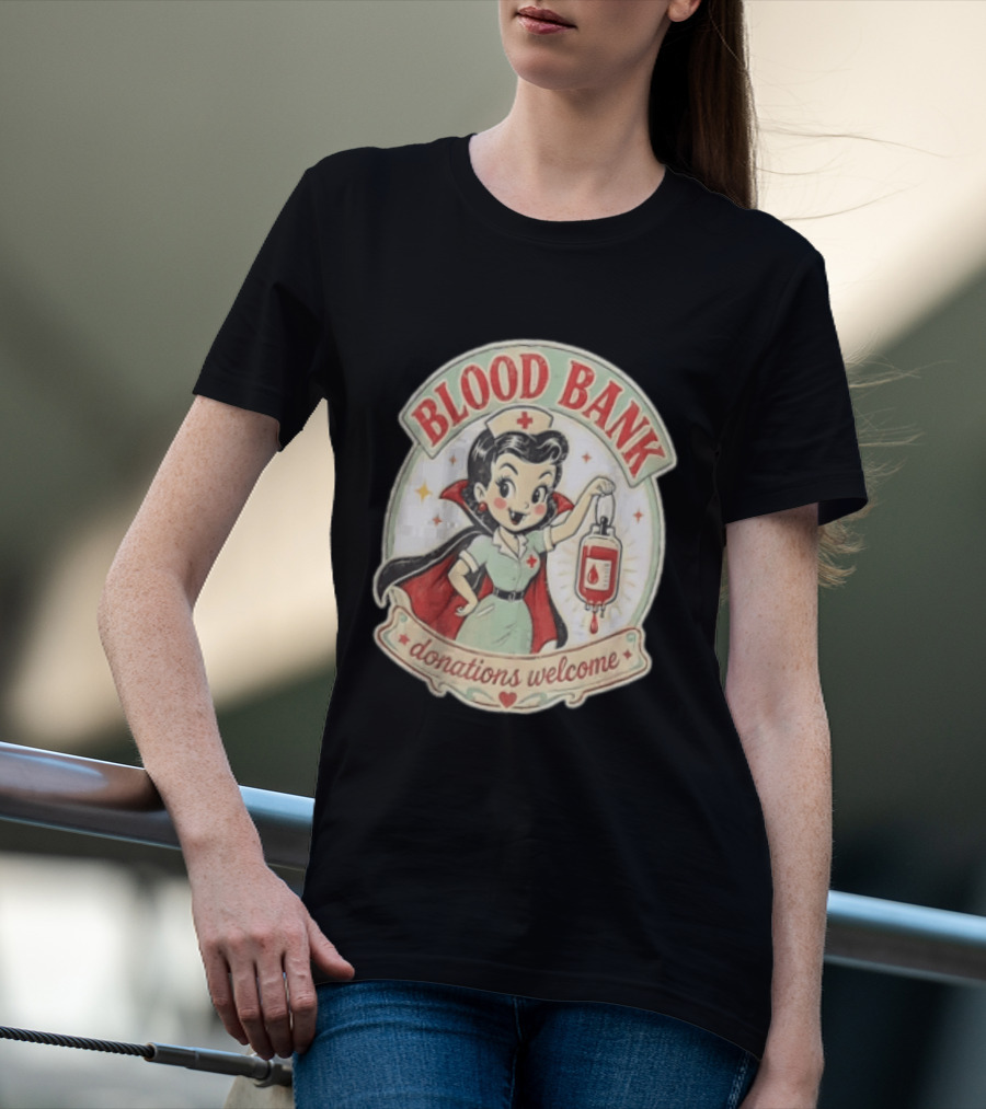 Blood Bank Donations Welcome Vampire Nurse Retro Cartoon T-Shirt