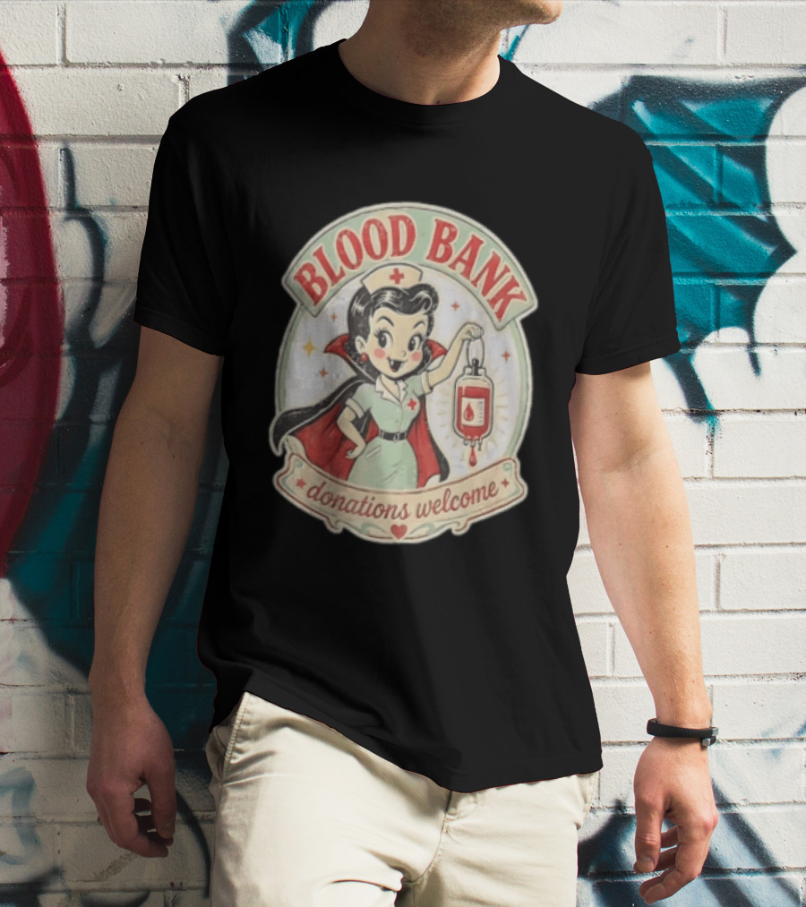 Blood Bank Donations Welcome Vampire Nurse Retro Cartoon T-Shirt