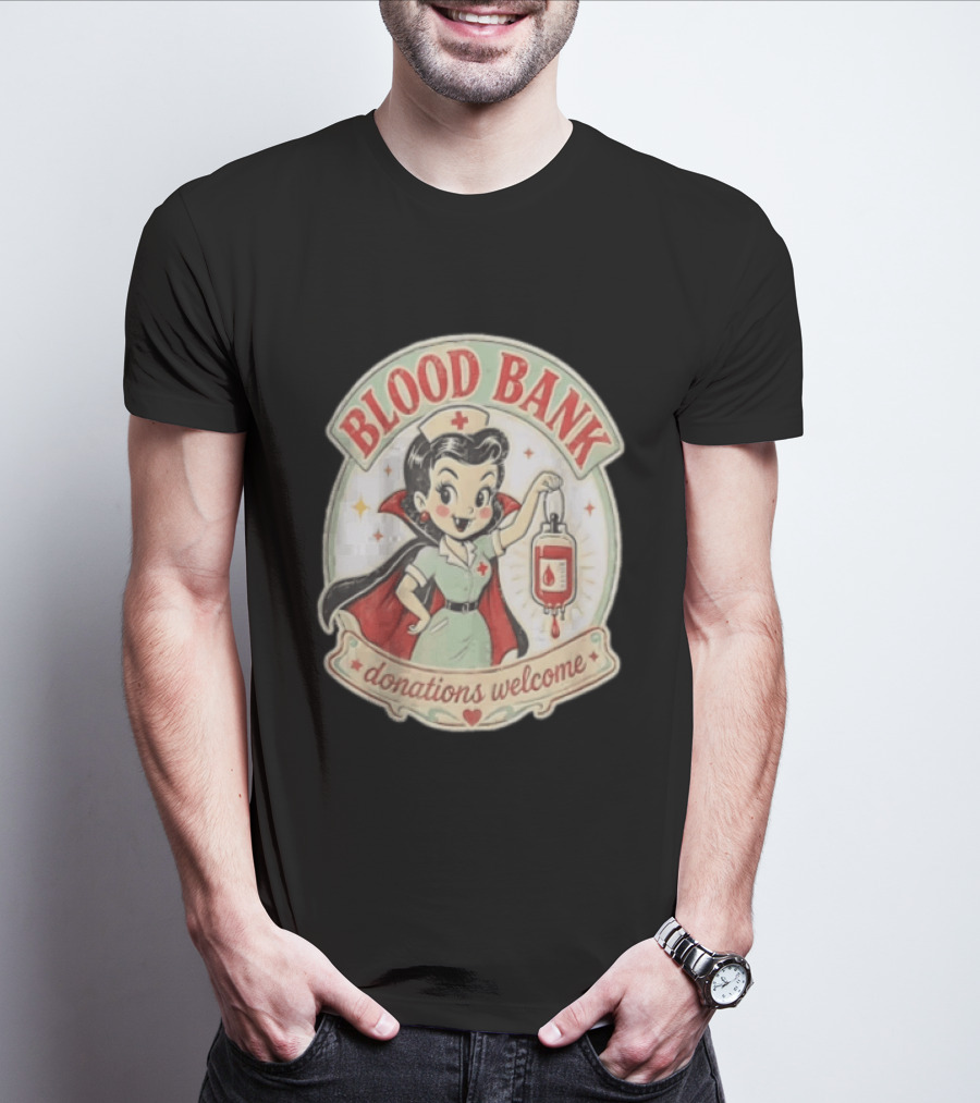 Blood Bank Donations Welcome Vampire Nurse Retro Cartoon T-Shirt