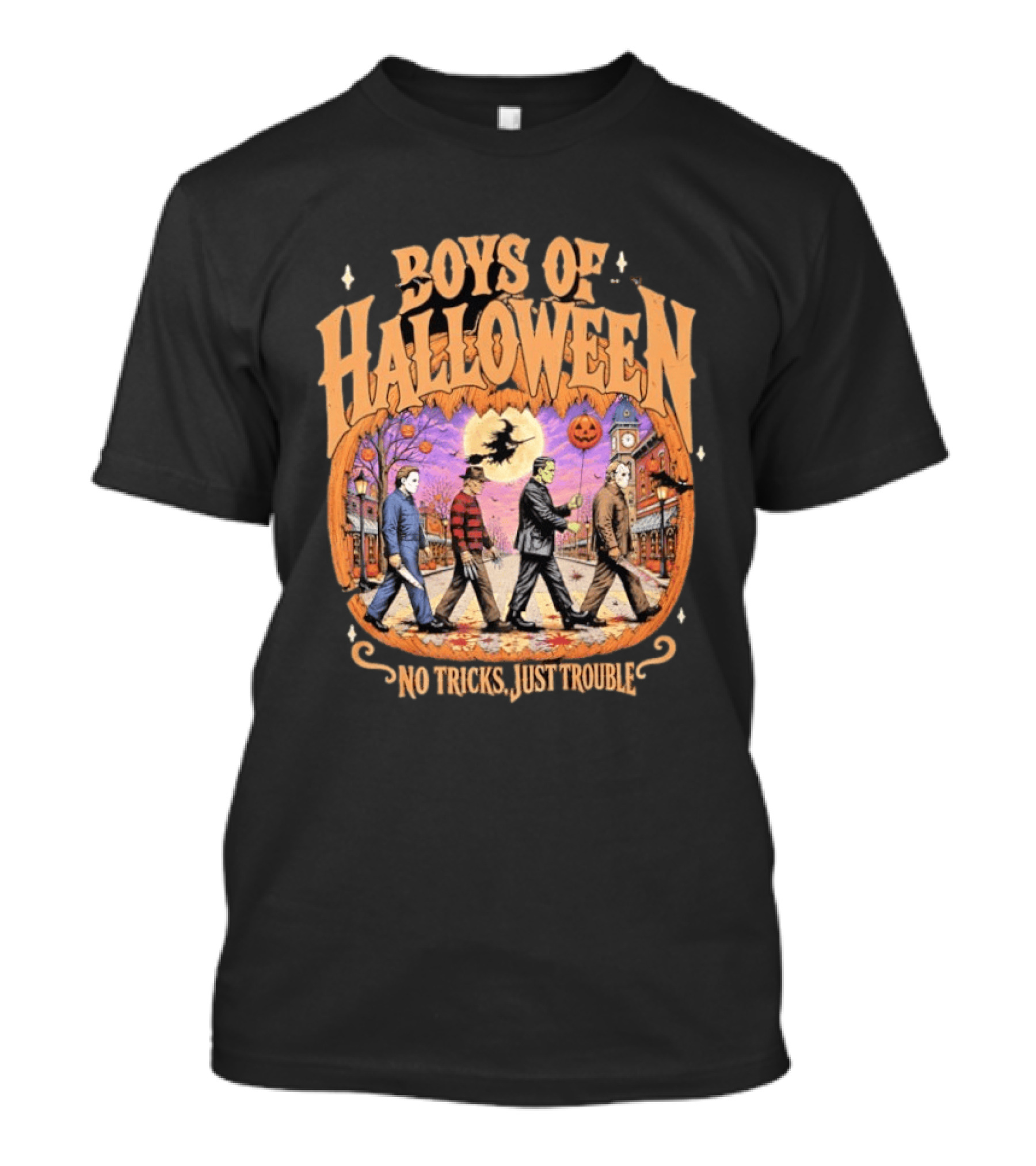 Boys Of Halloween Horror Characters Abbey Road No Tricks Just Trouble T-Shirt