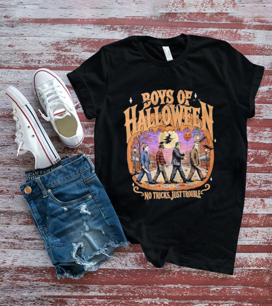 Boys Of Halloween Horror Characters Abbey Road No Tricks Just Trouble T-Shirt