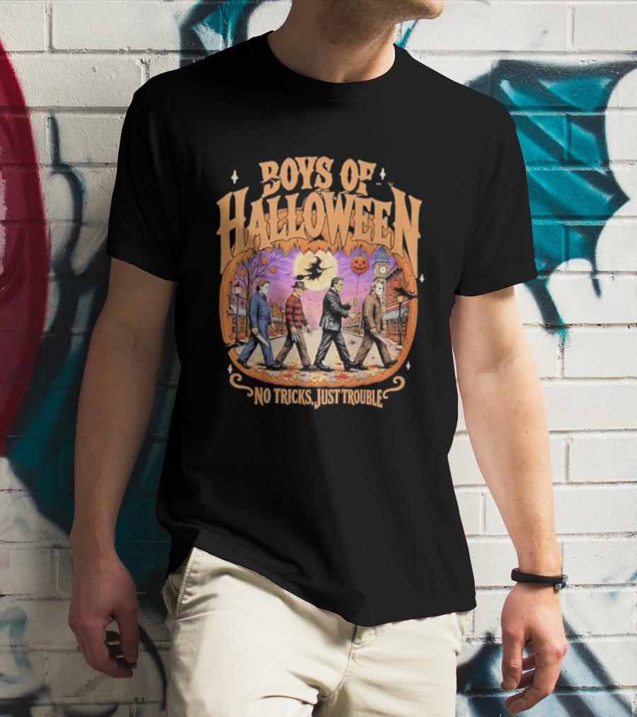 Boys Of Halloween Horror Characters Abbey Road No Tricks Just Trouble T-Shirt