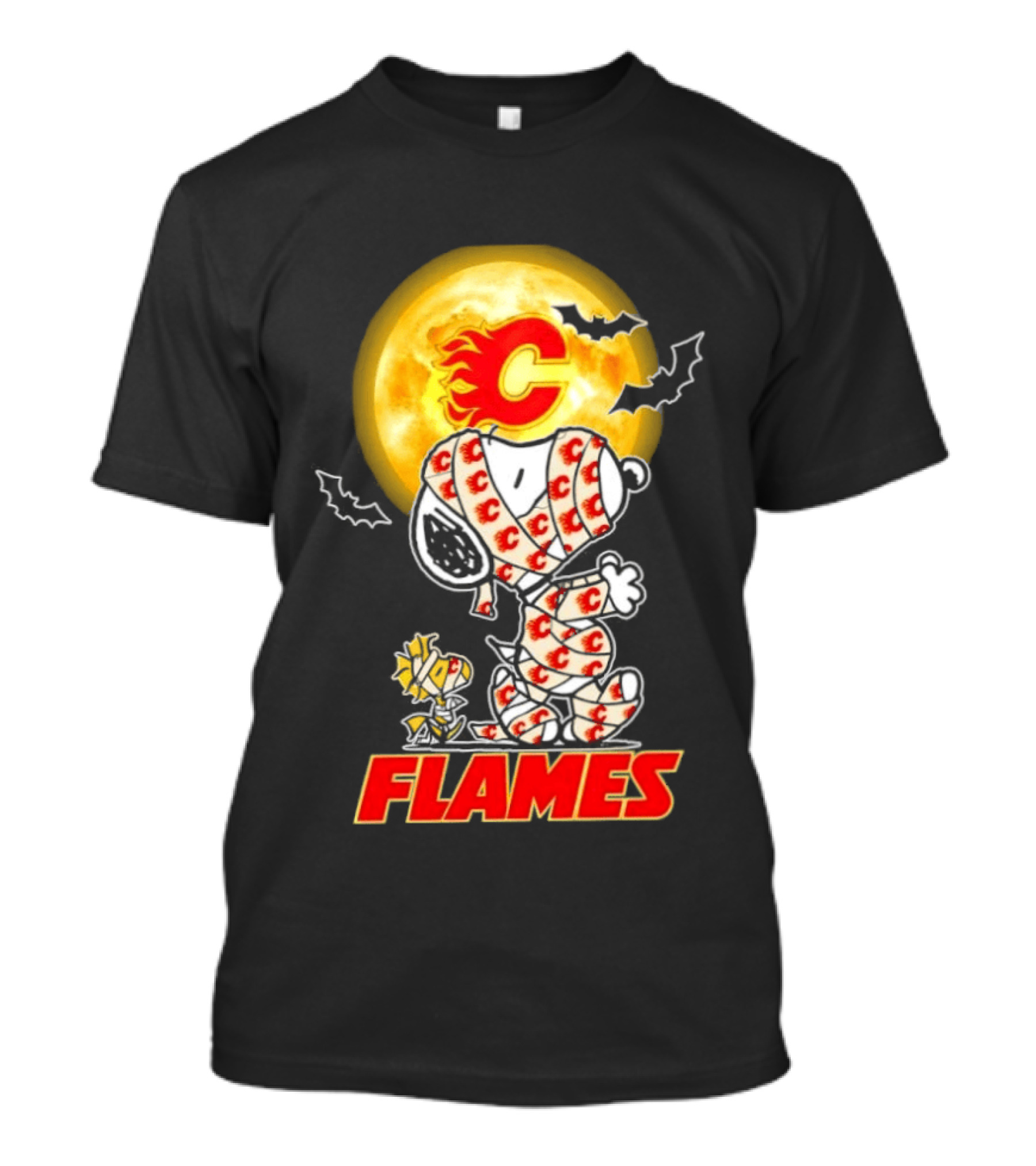 Flames Halloween Snoopy Woodstock Mummy Cosplay Calgary C Bat Moon T-Shirt