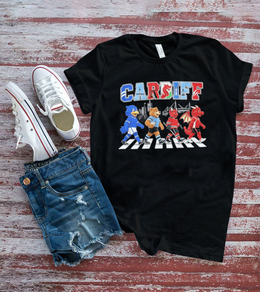 Cardiff Sports Abbey Road Parody With Cartoon Animals Crossing T-Shirt
